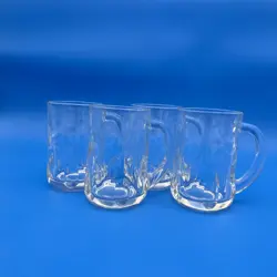 VINTAGE 4 PC SET ANCHOR HOCKING CLEAR GLASS MUG SET WITH HANDLES OVAL INDENTED