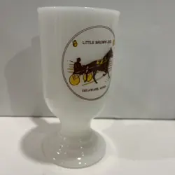 LITTLE BROWN JUG HORSE JOCKEY MILK GLASS, DELAWARE OHIO VINTAGE