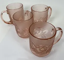 4 PINK CUPS MUGS GLASS ROSE FRANCE ARCOROC COFFEE TEA VINTAGE 3 7/8
