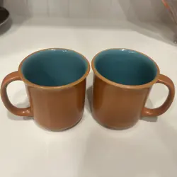 VINTAGE CROWN CORNING JAPAN COFFEE TEA MUG TERRA COTTA TEAL MINT LOT OF 2