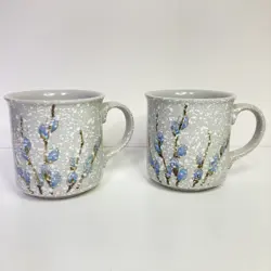 2 VTG OTAGIRI JAPAN SPECKLED STONEWARE MUGS W/PUSSYWILLOW FLOWER MCM 3.5