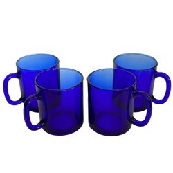 VINTAGE COBALT BLUE GLASS MUGS SET OF 4 CUPS MADE IN FRANCE