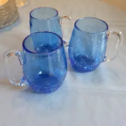BLENKO VINTAGE BLUE CRACKLE GLASS MUGS SET OF 3 HANDLES