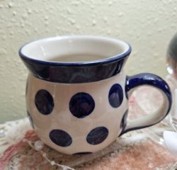 POLISH POTTERY MUG POLKA DOTS BUBBLE SHAPE COBALT BLUE VINTAGE MADE IN POLAND