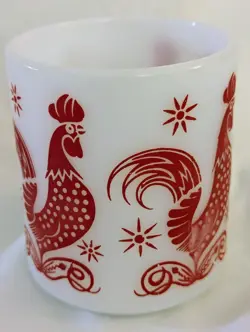 HAZEL ATLAS PLATONITE MILK GLASS RED ROOSTER CHICKEN MUG OR COFFEE CUP VINTAGE