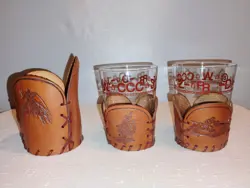 3 VINTAGE LIBBEY BAMCO WESTERN COWBOY LONGHORN TOOLED LEATHER 2   GLASS 1 MUG