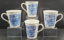 4 STAFFORDSHIRE LIBERTY BLUE MUG SET VINTAGE FLORAL DRINK COFFEE CUP ENGLAND LOT