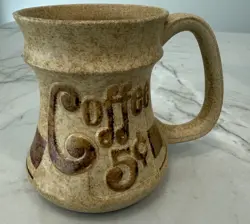 VINTAGE 70'S POTTERY CRAFT USA COFFEE 5 CENTS  MUG CUP HANDCRAFTED STONEWARE
