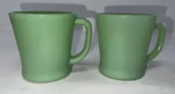 2- VINTAGE FIRE KING/ANCHOR HOCKING JADEITE GREEN D HANDLE OVEN WARE COFFEE CUPS