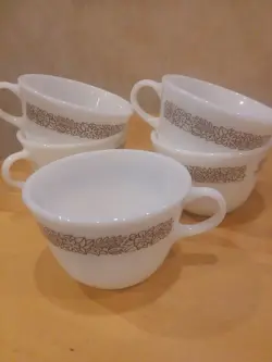 LOT 5 VINTAGE PYREX WOODLAND BROWN FLORAL WHITE MUG COFFEE TEA CUP HANDLE
