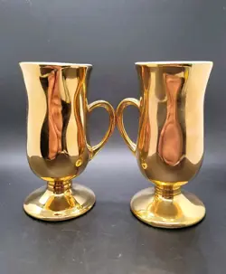 HALL CHINA FOOTED 22K GOLD IRISH COFFEE MUG #1270 MADE IN USA SET OF 2 VINTAGE