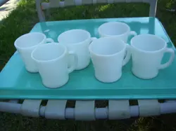 5 VTG ANCHOR HOCKING FIRE KING WHITE GLASS D HANDLE COFFEE CUPS MUGS 8 OZ + 1