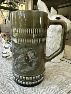 VTG WADE IRISH PORCELAIN HAND PAINTED MUG TANKARD FLY FISHING SCENE  1954