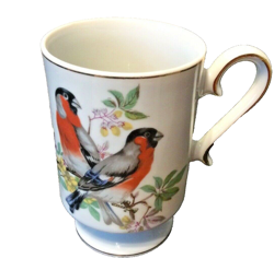 BIRDS MUG ROYAL CROWN VTG FOOTED WHITE PORCELAIN COLORFUL GOLD TRIM EUC