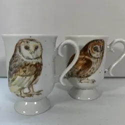 2 VINTAGE SOWY COFFEE CUPS WITH BARN OWL DESIGNS SPECKLED BONE CHINA