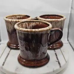 VTG USA STONEWARE MUGS BROWN DRIP GLAZE COFFEE CUPS SET OF 3 CERAMIC POTTERY MYS