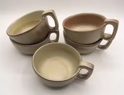 SET 5 VINTAGE FRANKOMA 4SC POTTERY SOUP MUGS BOWLS SQUARE HANDLES PLAINSMAN GOLD