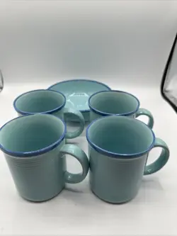 4 VINTAGE RETRO RIO STONEWARE JAPAN COFFEE MUGS BLUE/ BLUE TRIM AND BOWL