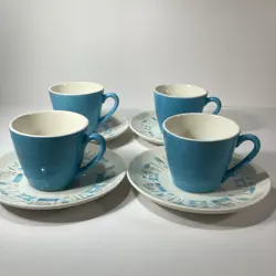VTG ROYAL CHINA BLUE HEAVEN ATOMIC TEA CUP/SAUCER COFFEE MUGS SET OF 4 EXC COND
