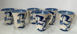 M.A. HADLEY MUGS COFFEE CUPS SIGNED LOT OF 6 BLUE HORSES WHOA THE END VINTAGE
