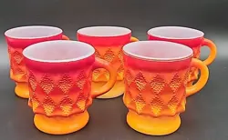 VINTAGE ANCHOR HOCKING FIRE KING KIMBERLY DIAMOND PATTERN COFFEE MUGS ORANGE