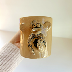 UGLY FACE HANDMADE ARTISAN STONEWARE FOLK ART COFFEE MUG POTTERY TEA CUP VTG