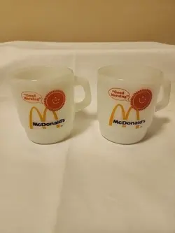 (2) ANCHOR HOCKING OVEN PROOF FIRE KING MCDONALD'S GOOD MORNING VINTAGE MUGS! A
