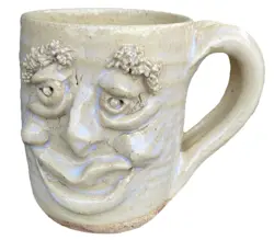 UGLY FACE POTTERY MUG VINTAGE SIGNED COFFEE CUP 3D FOLK ART FUNNY GOOFY EYEBROWS
