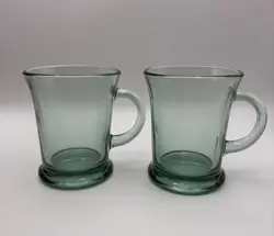 VINTAGE ANCHOR HOCKING GREEN DRINKING GLASSES MUGS CUPS WITH HANDLES SET OF TWO