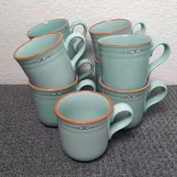 NORITAKE STONEWARE BOULDER RIDGE 8674 MUGS VINTAGE SET OF 9 AQUA AZTEC PATTERN