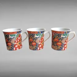 VINTAGE GUMPS KARAKUSA JAPANESE IMARI MUG CUP SET 3 RUST BLUE & GREEN FLORAL