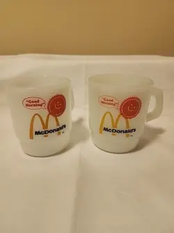 (2) ANCHOR HOCKING OVEN PROOF FIRE KING MCDONALD'S GOOD MORNING VINTAGE MUGS! B
