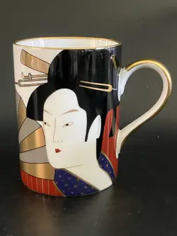 VINTAGE 1982 FITZ AND FLOYD GEISHA GOLD TRIM COFFEE MUG CUP, JAPAN NEW W/O TAG