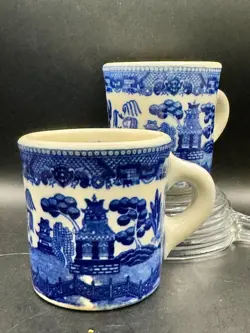 2 BLUE WILLOW TRANSFERWARE JAPAN COFFEE MUG CUPS VINTAGE RESTAURANT IRONSTONE