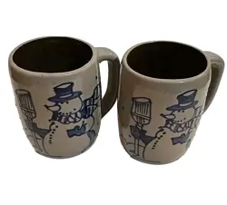 BEAUMONT BROTHERS POTTERY BBP BLUE SNOWMAN SALT GLAZED MUGS 