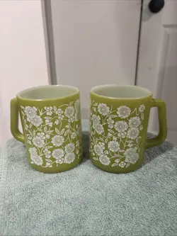 FIRE KING VINTAGE MILK GLASS COFFEE MUGS GREEN FLORAL SWIRL, SET OF 2