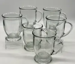 SET OF 6 VTG ANCHOR HOCKING FOOTED BASE CLEAR GLASS HEAVY COFFEE MUG 5IN 12OZ