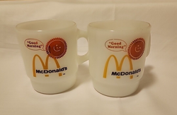 (2) ANCHOR HOCKING OVEN PROOF FIRE KING MCDONALD'S GOOD MORNING VINTAGE MUGS! C