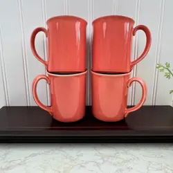 4 VINTAGE CORNING MUGS CORAL ORANGE 8 OZ CERAMIC