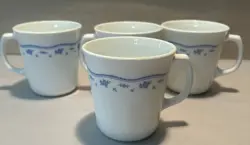 VINTAGE CORNING CORELLE MORNING BLUE COFFEE CUPS MUGS BLUE FLOWERS LOT OF 4