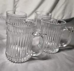 4 VINTAGE ROYAL CREST RIBBED CLEAR GLASS COFFE TEA MUGS WITH HANDLE