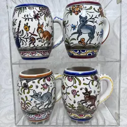 4 VTG CERAMICA COIMBRA PORTUGAL POTTERY HAND PAINTED FLORAL ANIMAL MUGS CUPS 360