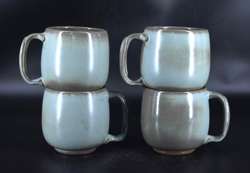 SET OF 4 VTG FRANKOMA POTTERY LAZY BONES WOODLAND MOSS 4M SOUP MUGS 16 OZ.