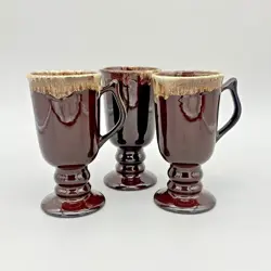 3 IRISH COFFEE MUGS HALL POTTERY PEDESTAL BROWN DRIP GLAZE 1273 VTG USA RETRO