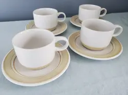 VTG STONEWARE COFFEE MUG/CUP & SAUCER SET OF 4 TAN STRIPES MCM JAPAN EXCELLENT