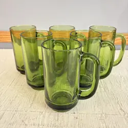 LOT OF 6 VINTAGE HAZEL ATLAS SMOOTH PRESSED GLASS AVOCADO GREEN BEER MUGS 5.5