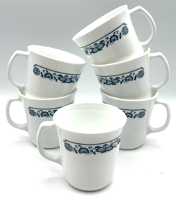 6 VINTAGE USA CORELLE CORNING OLD TOWN BLUE ONION COFFEE MUG TEA CUPS GLASS