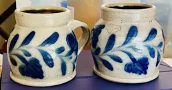VINTAGE SALMON FALLS STONEWARE POTTERY PAIR OF MUGS SALT GLAZE DOVER, NH 1998