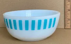 VINTAGE HAZEL ATLAS TURQUOISE CANDY STRIPE MILK GLASS CEREAL BOWL GOOD CONDITION