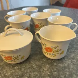 VINTAGE CORELLE WILDFLOWER ORANGE 6 MUGS CREAMER & SUGAR W/LID
